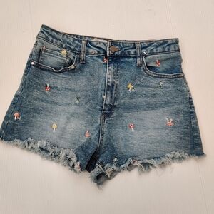 Embroidered Mushroom Denim Shorts
